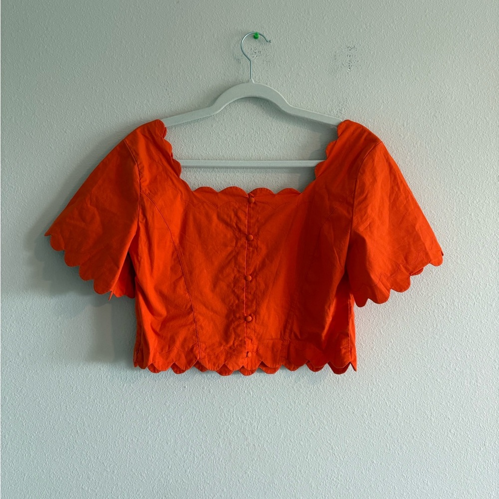 NWT Maeve Anthropologie Square-Neck Scallop Blouse Women’s Medium Orange Cropped - Picture 6 of 9